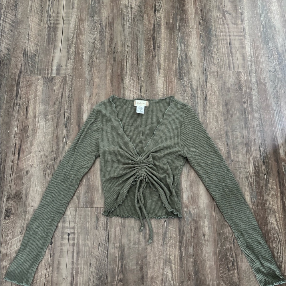 Altar'd State Olive Green Ruched Long Sleeve Crop Top